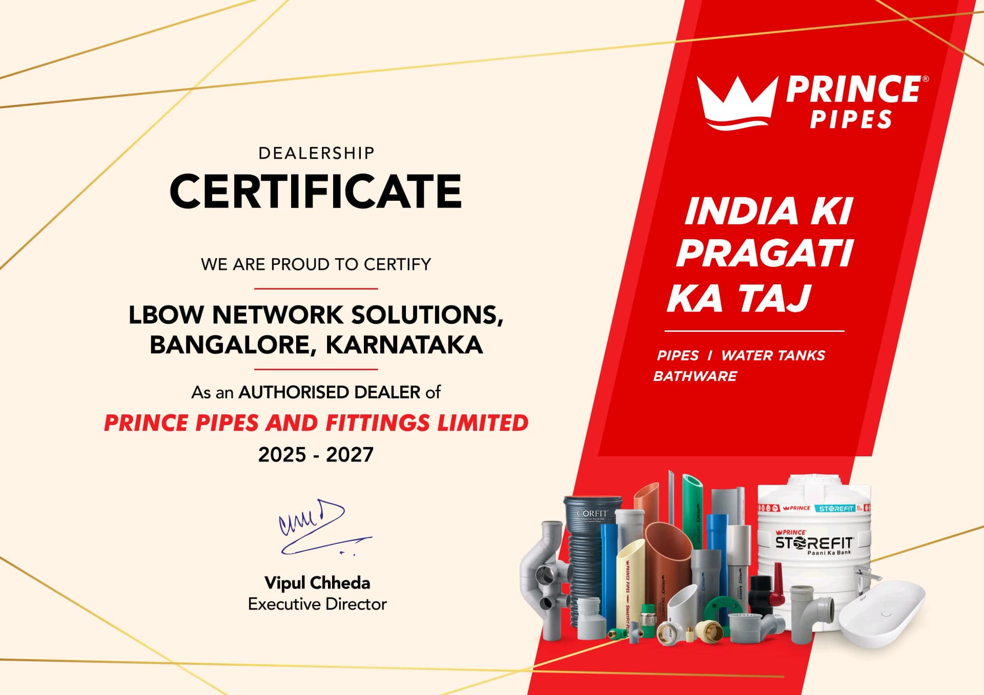 Prince Pipes Authorised Dealer Certificate